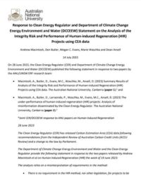 Response to Clean Energy Regulator and Department of Climate Change Energy Environment and Water (DCCEEW) Statement on the Analysis of the Integrity Risk and Performance of Human-induced Regeneration (HIR) Projects using CEA data