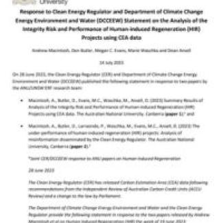 Response to Clean Energy Regulator and Department of Climate Change Energy Environment and Water (DCCEEW) Statement on the Analysis of the Integrity Risk and Performance of Human-induced Regeneration (HIR) Projects using CEA data
