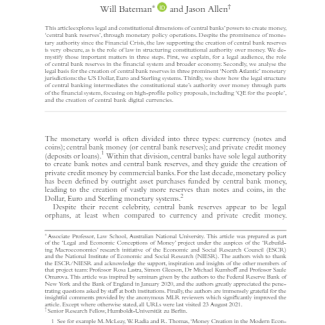 The Law of Central Bank Reserve Creation journal cover page