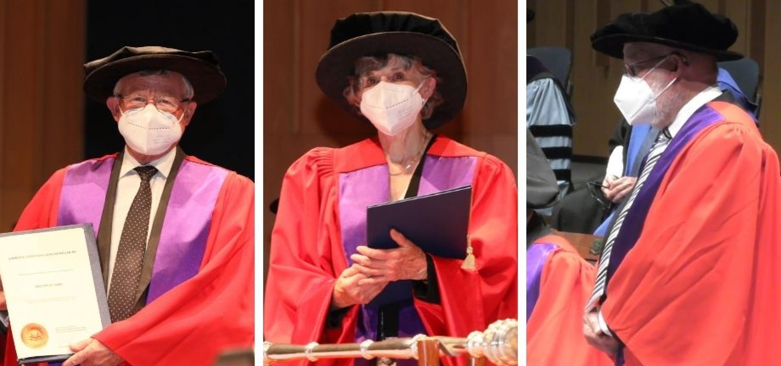 Emerita Professor Robin Creyke AO FAAL, Emeritus Professor John McMillan AO FAAL and Emeritus Professor Dennis Pearce AO FAAL at the graduation ceremony at Llewellyn Hall.